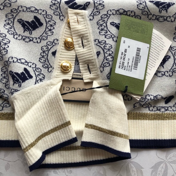 Gucci Equestrian Jacquard Polo Short Sleeves Sweater Cream/Navy Women's Size XS - Picture 9 of 16